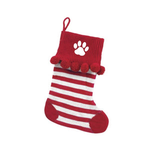 White Paw Embroidered Red Stripe Pom Stocking