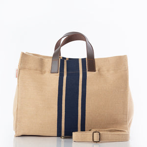 Navy Jute & Leather Satchel Tote Bag