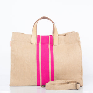 Pink Jute & Leather Satchel Tote Bag