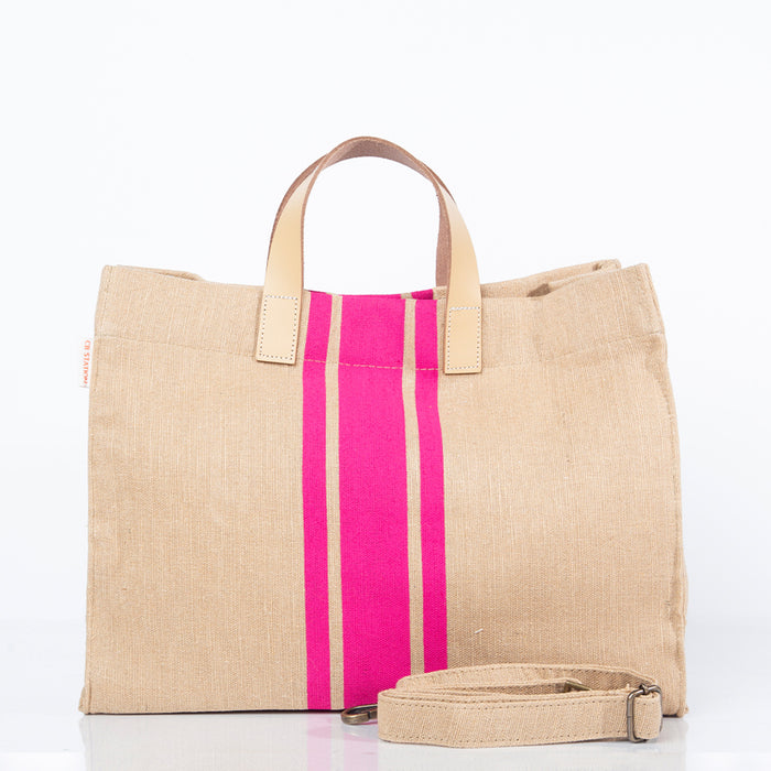 Pink Jute & Leather Satchel Tote Bag