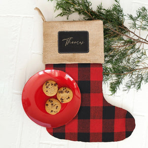 Red Buffalo Check Black Patch Burlap Stocking 